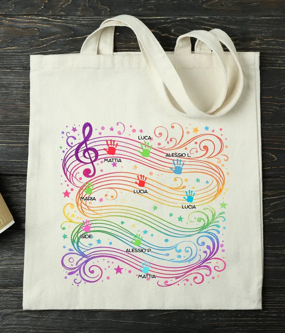 Shopper Personalizzata Tema Musica con Nomi Bambini – Borsa Maestra Fine Anno in Cotone 38x42 cm - regalo insegnante musica
