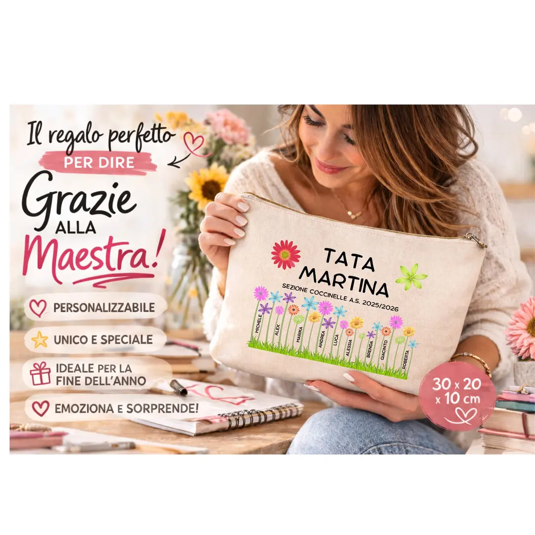 Beauty Case Personalizzato per Maestra – Pochette con Nomi degli Alunni – Regalo Fine Anno Scolastico – Idea Regalo Insegnante – Astuccio Personalizzato