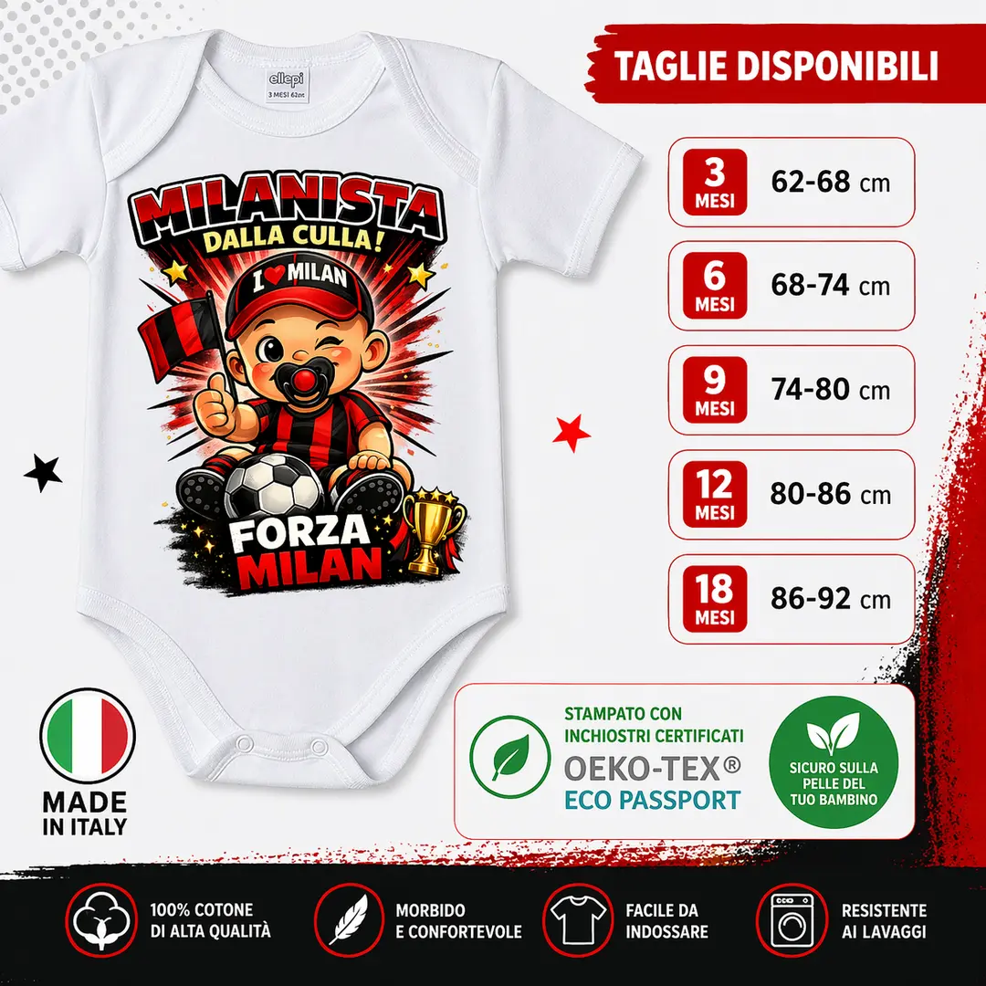 Body Neonato Milanista dalla Culla – Body Bebè Milan in Cotone Made in Italy - idea regalo nascita  - regalo per tifosi Milan - abbigliamento neonato 
