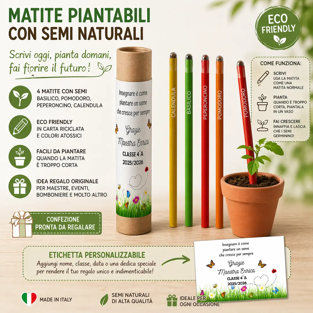 Matite Piantabili Personalizzate Set da 4 con Semi Naturali e Confezione Regalo | Idea Green Originale | Etichetta adesiva personalizzata