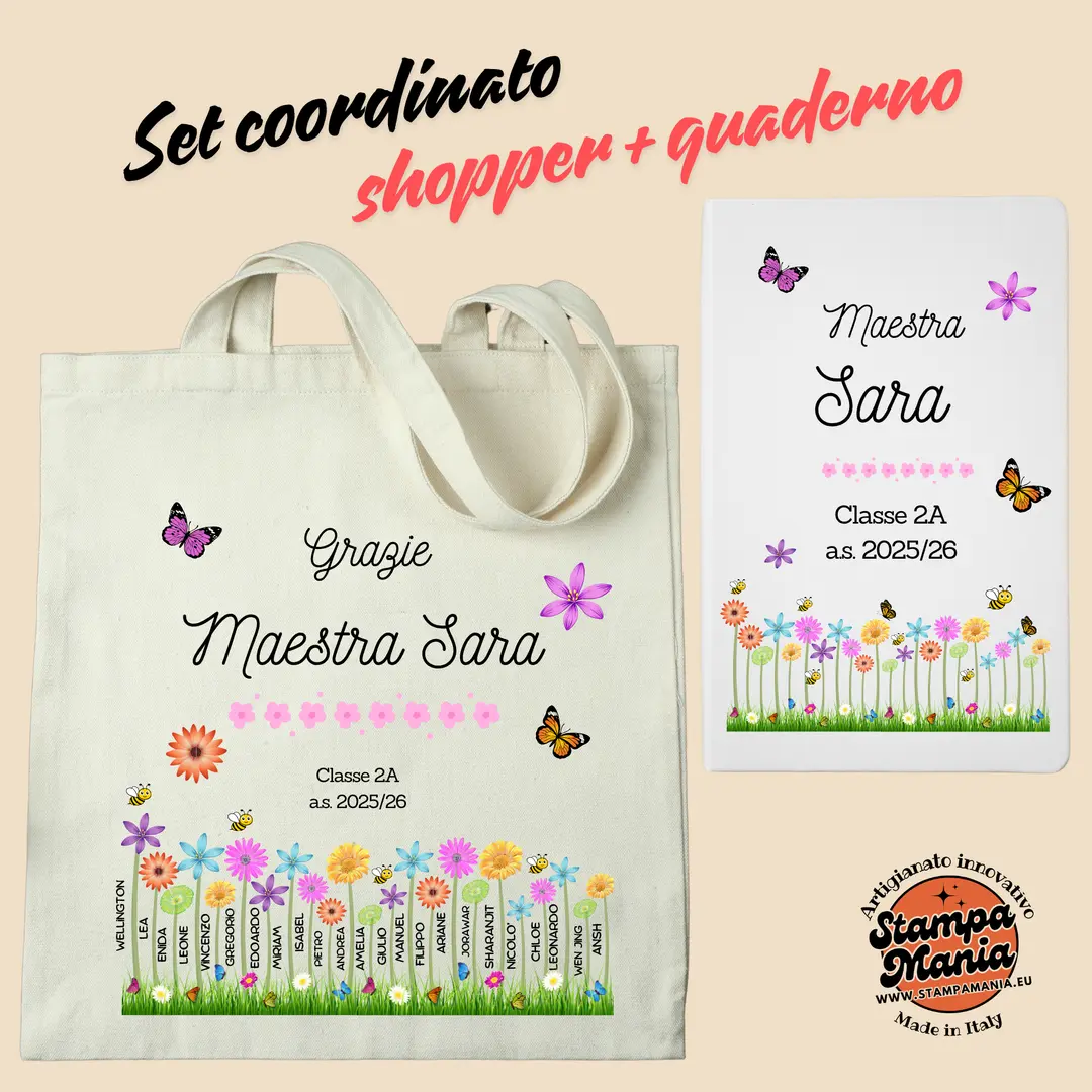Set Regalo Maestra Personalizzato Shopper + Quaderno A5 con Nomi Alunni – Idea Fine Anno Scolastico