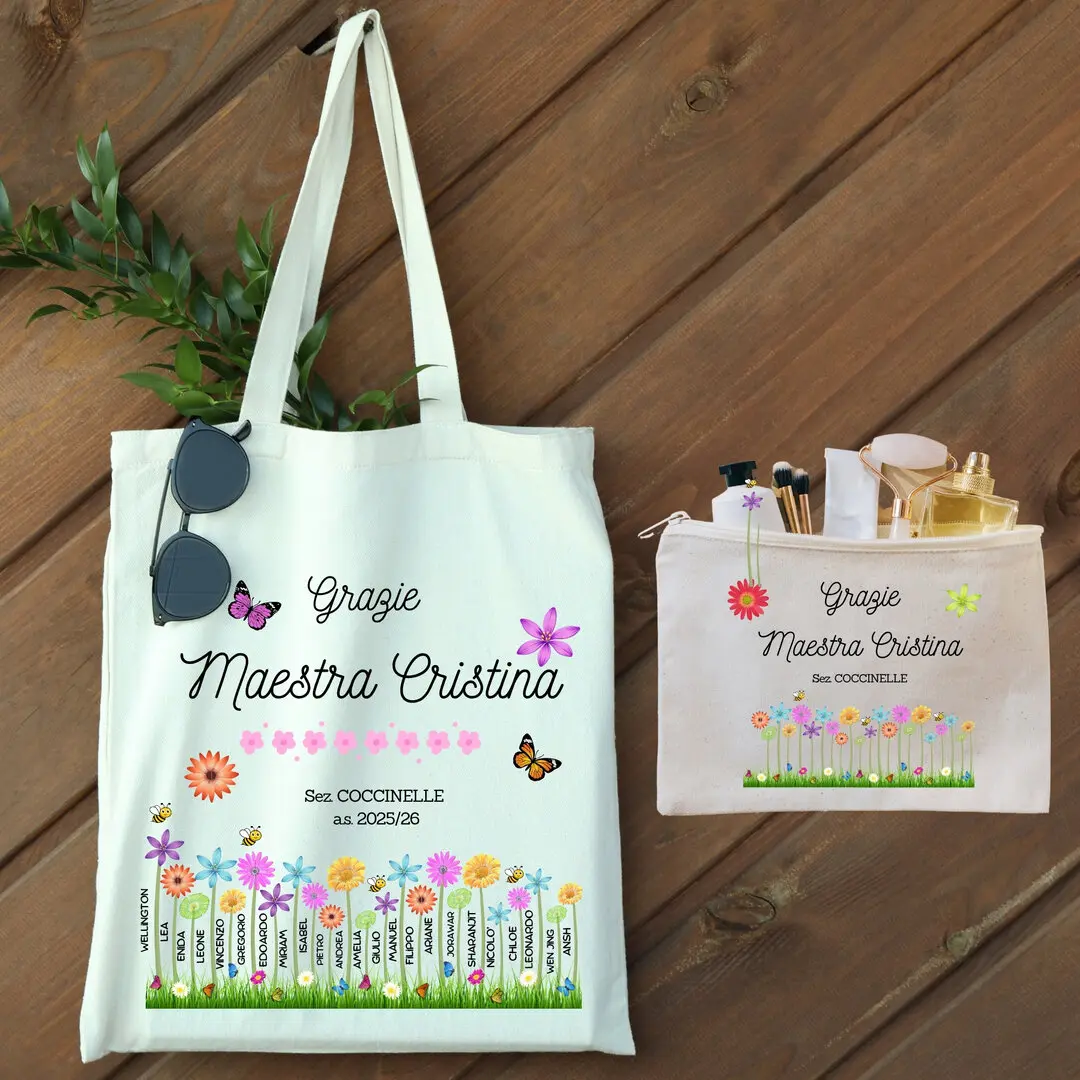 Set Regalo Maestra Personalizzato Shopper + Astuccio con Nome Classe – Idea Fine Anno Scolastico