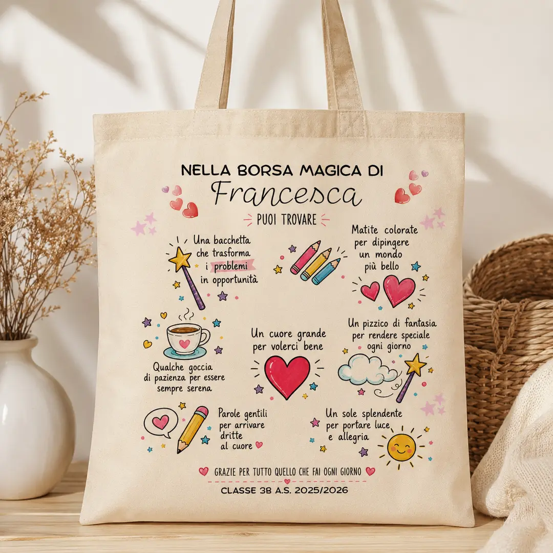 Shopper Maestra Personalizzata in Cotone – Borsa Regalo Fine Anno Scolastico con Nome, Classe e Dedica