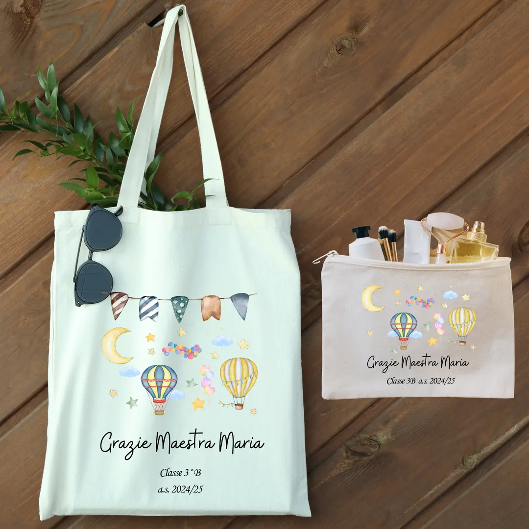 Set Regalo Maestra Personalizzato Shopper + Astuccio Tema Mongolfiere – Idea Fine Anno Scolastico