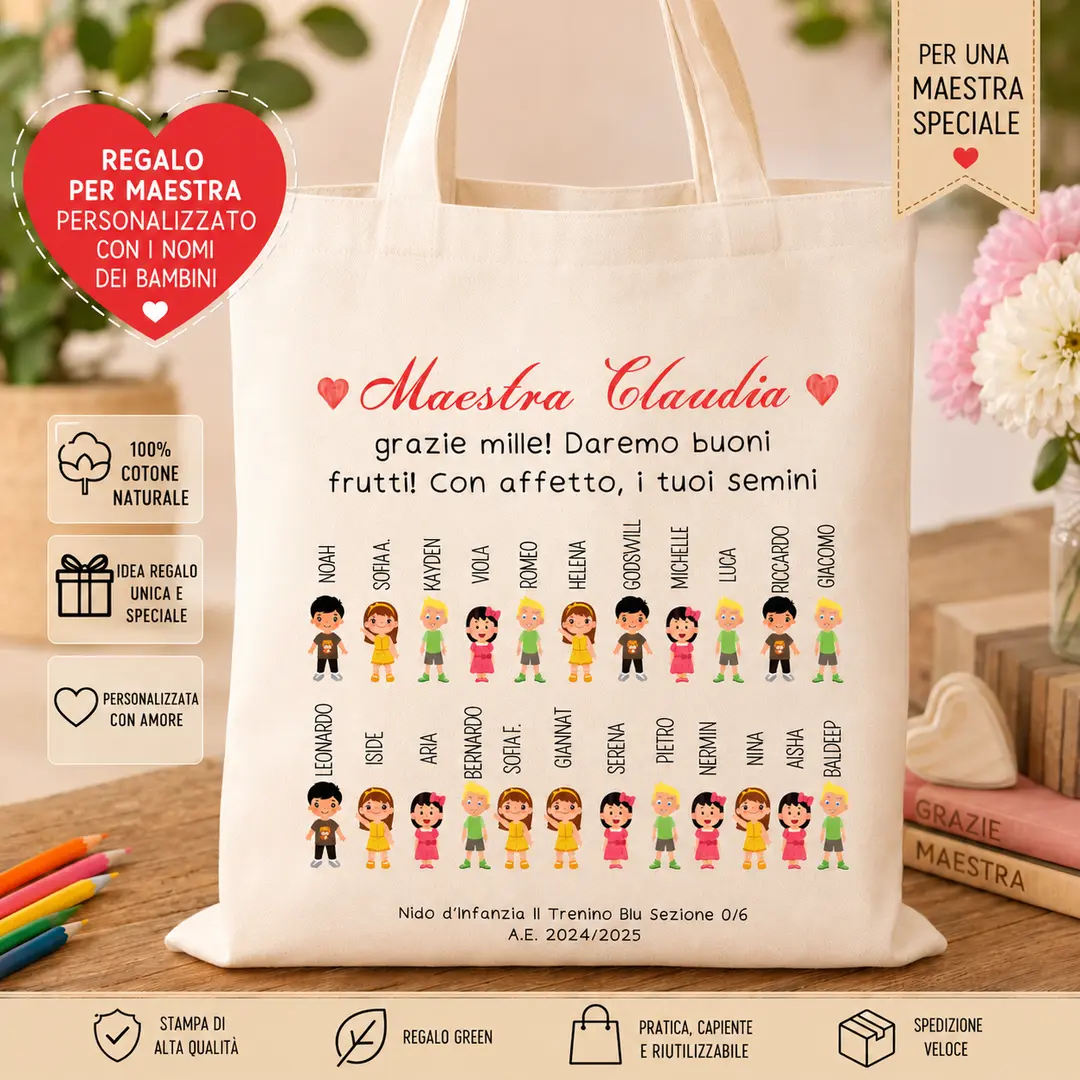 Shopper Personalizzata Maestra con Nomi Bambini – Regalo Fine Anno Scuola in Cotone | regalo educatrice 