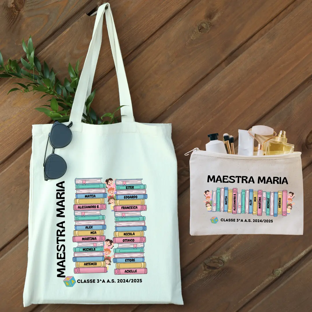 Set Regalo Maestra Personalizzato Shopper + Astuccio Tema Libri con Nomi Alunni – Fine Anno Scolastico