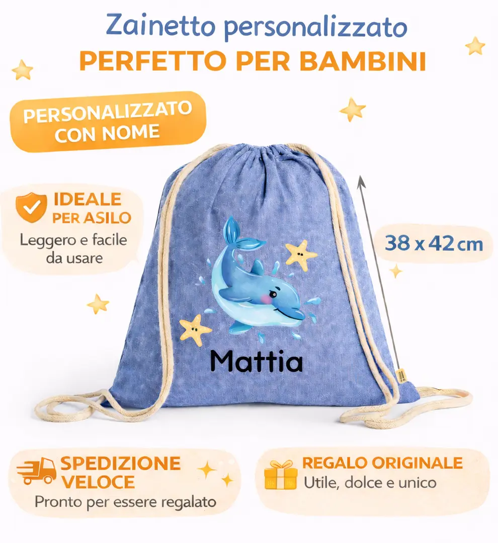 Zainetto Asilo Personalizzato con Nome – Sacca Bambino con Cordoncino e Grafica Animali - sacca primo cambio - regalo nascita - idea regalo bambino 